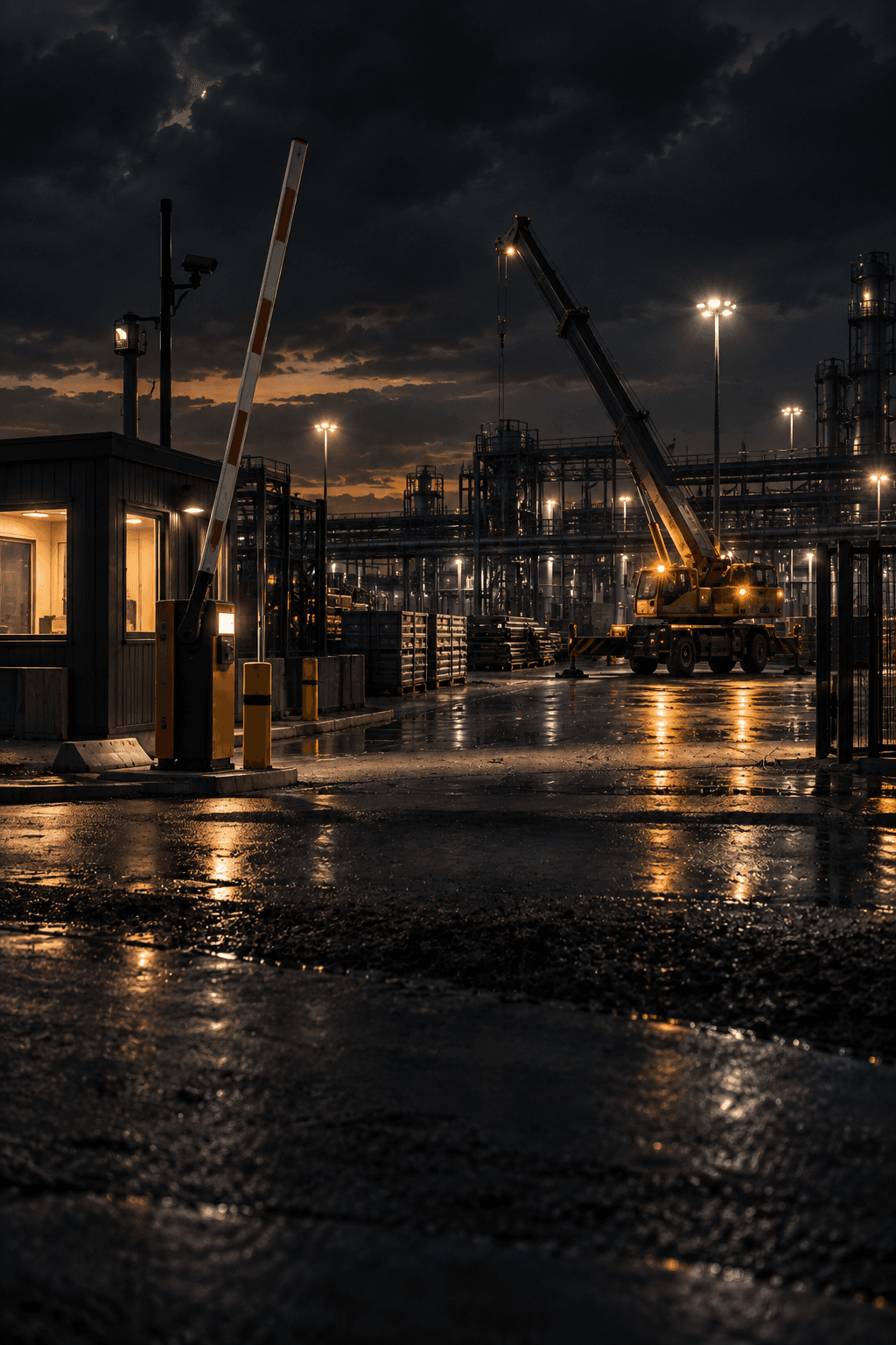 Camión pluma con la pluma alzada trabajando en una faena industrial, visto desde la barrera de acceso, de noche
